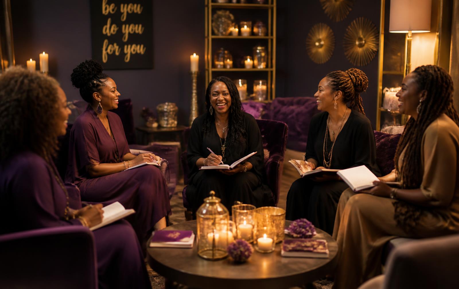 Black women gathered in a candlelit circle at the Black Girls Manifest Experience